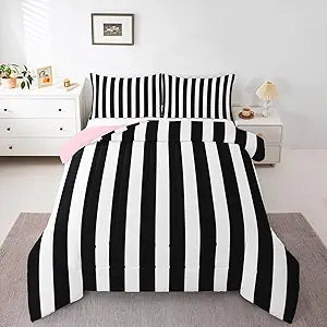 Erosebridal Black and White Striped Twin Comforter Set (Pink Reversible) | Striped Bedding Set Pink and Black Comforter Sets for Kids Teens Adults Cute Pinstripe Girls Bed Quilt Sets
