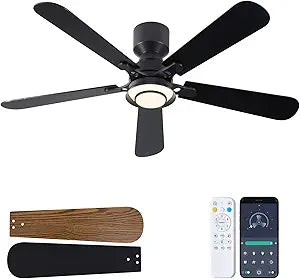 52 Inch Ceiling Fan with Light, Flush Mount Low Profile, Remote & APP Control, Quiet 6-Speed Reversible Motor, Dimmable LED with 3CCT, Ceiling Fan for Bedroom, Living Room, Apartment, Black