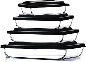 EATEX 8-Piece Deep Glass Casserole Dishes for Oven with Plastic Lids, Glass Baking Dishes for Oven, Rectangular Bakeware for Lasagna, Cooking, Leftovers, Kitchen, Freezer to Oven Dishwasher Safe