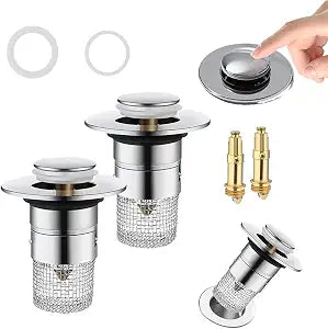 JFX Bathroom Sink Drain Strainer, (2PCS) Bathroom Sink Stopper with Removable Stainless Steel Strainer Basket Hair Catcher, Pop-up Sink Drain Strainer for Us Bathroom Sinks, Bathtubs, Showers