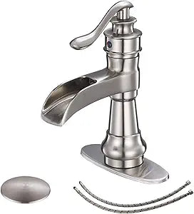 BWE Waterfall Bathroom Faucet Brushed Nickel with Pop Up Drain Parts Assembly and Supply Hose Rv Single-Handle Single Hole Vanity Lavatory Sink Commercial
