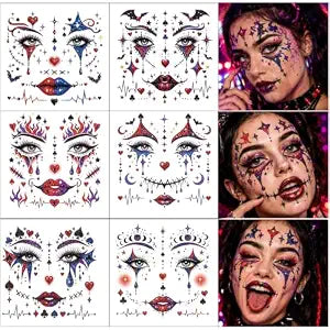 Halloween Glitter Clown Face Temporary Tattoos for Clown Makeup Accessories