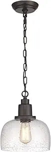 EAPUDUN 1-Pack Farmhouse Pendant Light, 1-Light Industrial Hanging Light Fixture with 9.3" Round Seeded Glass Shade, Dark Bronze Finish, Vintage Ceiling Lighting for Kitchen Island & Dining Room