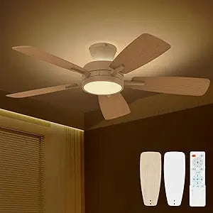 TALOYA Ceiling Fans with Lights and Remote, 46 Inch Low Profile Ceiling Fan with Light, Flush Mount, Reversible, 3CCT, Dimmable White Modern Ceiling Fan for Bedroom, Living Room, Outdoor Patio