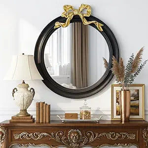 25x25 inch Bow Antique Round Mirror for Wall, Gold & Black Decorative Wall-Mounted Circle Mirror, Perfect for Bedroom, Hallway, Living Room Dcor, and Bathroom Vanity