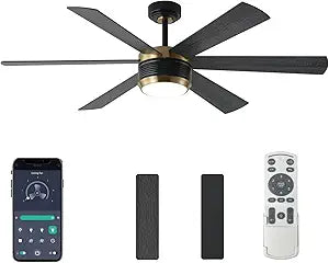 SHOWDI Ceiling Fan with Lights and Remote, 6 Blade App Control Timer Reversible Stepless Brightness and Color Temperature Outdoor Wood Ceiling Fan with Lights (Black-Gold, 56 Inch)