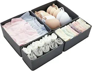 Drawer Organizer for Clothes & Underwear - 4-Pack Fabric Storage Bins with Zipper Bottom | Bra Drawer Organizer & Sock Organizer for Dresser - Foldable Baby Clothes Organizer Set, Grey