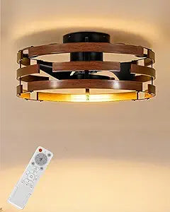 Roomratv Fandelier Ceiling Fan with Light, 20'' Flush Mount Metal Caged Enclosed Blades Ceiling Fan with Remote, Low Profile Farmhouse Fan Light for Rustic Bedroom Kitchen Living Room Office