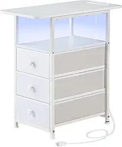 DALEMHOME Narrow End Table with Charging Station, Narrow Side Table with 3 Fabric Drawers, Slim Nightstand with LED Light, Small Table with Storage, Living Room, Bedroom, White HKET1303WT