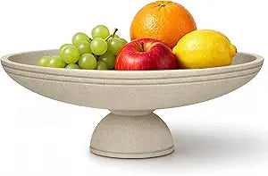 Large Decorative Fruit Bowl for Kitchen Counter, Modern Home Decor Centerpiece, Beige Resin Pedestal Key Bowl for Entryway Table
