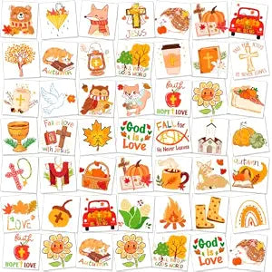 HOWAF 80pcs Fall Religious Doodles Temporary Tattoos,Bible Thanksgiving Christian Tattoos Stickers for Kids Girls Boys,Fall for Jesus Fake Tattoo Autumn Season Church Face Tattoo Gift Bags Fillers