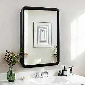 Black Medicine Cabinet, 18x26.5 Inch Wood Framed Mirror, Fully Assembled Recessed or Wall Mount Wood Cabinet with 2 Storage Shelves, Fully Assembled