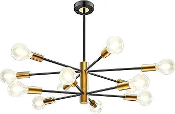 KEILAIMO Modern Chandelier, 12-Light Sputnik Ceiling Light Fixture, Mid Century Height Adjustable Sputnik Chandeliers for Dining Room, Kitchen Island, Living Room, Bedroom - Black and Gold