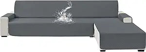 Chaise Lounge Couch Cover for 4 Cushion Couch,Waterproof Sectional L Shaped Sofa Covers with Non-Slip Elastic Straps, Furniture Protector for Pets Kids Dog(Dark Gray,4 Seat Lounge Chaise)