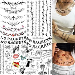 4 Sheets Y2K Barbed Wire Temporary Tattoos For Men Women Adults White Trash Bash Party Favors, Realistic NO RAGRETS Tramp Stamp Fake Thorns Tattoos Halloween Costume Heart Skull Tattoos Neck Stickers