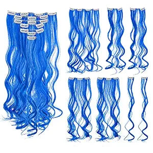 SWACC 7 Pcs Full Head Party Highlights Clip on in Hair Extensions For Women Colored Hair Streak Synthetic Hairpieces (20-Inch Curly, Blue)