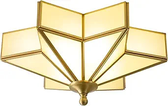 Star Brass Vintage Ceiling Light - 12.2 in Small Milk Glass Antique Brushed Gold Flush Mount Fixture, Mid Century Art Deco Overhead Lighting for Kitchen Hallway Bedroom Bathroom Laundry Entryway Hall