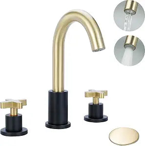 2 Cross Handle Gold Bathroom Sink Faucet Inset Dual Function Aerator Sprayer Spout, Easy to Clean Scale, with Pop-up Drain Assembly (Matte Black with Brushed Gold)