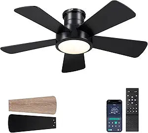 Hounberi 40 Inch Flush Mount Ceiling Fan with Lights and Remote, Modern Quiet DC Motor Low Profile Ceiling Fan for Low Ceilings, 5 Reversible Blades, 6 Speeds Dimmable, Indoor Outdoor Bedroom, Black
