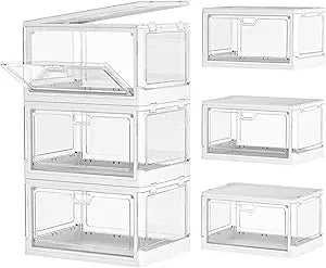 Kmiectse Clear Storage Bin with Lid 3 Pack Stackable & Sturdy Plastic Multifunctional Folding Storage Bins for Bedroom, Living Room, Study,Room, 23 QT Folding Box with Magnetic Door