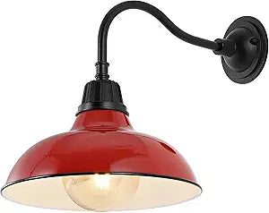 JONATHAN Y 12.25" Red/Black Farmhouse Industrial Outdoor Sconce, LED Gooseneck Wall Light for Porch, Metal Bowl Shade, Dimmable Vintage Exterior Fixture, LED Bulb Included (JYL7613E)