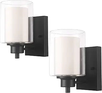2 Pack Bath Vanity Light Fixtures 1-light, Indoor Black Wall Light with Dual Glass Shade, Farmhouse Bathroom Wall Scone, Vintage E26 Bese Wall mount Lighting for Porch Bedroom Entryway Stairs