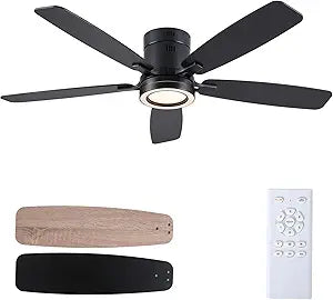 52 Inch Ceiling Fans with Lights Flush Mount, Modern Low Profile Ceiling Fan with Light and Remote, Quiet DC Motor, Dimmable LED, Reversible, Black Ceiling Fans for Bedroom Indoor Outdoor