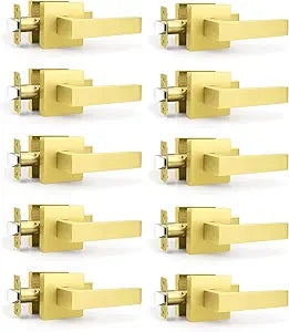 10 Pack Gold Passage Door Handles for Hallways & Closets, Non-Locking Brushed Gold Closet Door Handles, Heavy Duty Passage Door Hardware, Gold Keyless Square Levers Handles, Satin Brass