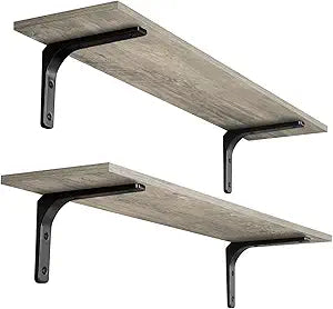 DINZI LVJ Long Wall Shelves, 31.5 Inch Wall Mounted Shelves Set of 2, Easy-to-Install, Floating Storage Ledges with Sturdy Metal Brackets for Living Room, Bathroom, Bedroom, Kitchen, Gray Wash