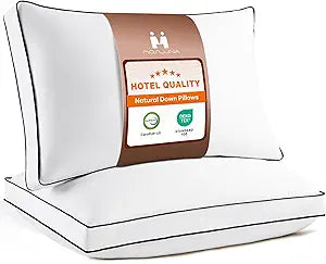 Feather Down Pillows Queen Size Set of 2, Hotel Collection Bed Pillows 2 Pack, Medium Firm Pillow for Side, Back or Stomach Sleepers, Downproof, Gusset Design 20x30 in.