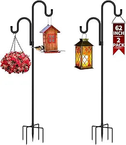 Double Shepherds Hooks for Outdoor, Shepard Hook,Bird Feeder Pole with 5 Prongs Base, Heavy Duty Garden Hook for Lantern, Wind Chime and Hummingbird Feeder, 62 Inch, 2 Pack