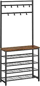 IBUYKE Hall Tree with Bench and Shoe Storage, Coat Rack with Shoe Rack, 5 Tier Shoe Storage Organizer with 9 Movable Hooks for Entryway Hallway Foyer Mudroom Bedroom, Rustic Brown and Black TXJ007H