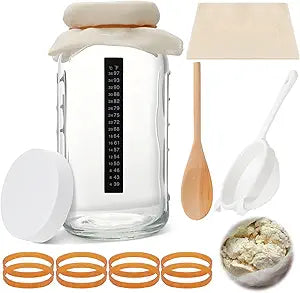 Honeydak 8 Pcs Complete Kefir Starter Kit Kombucha Fermenter Kit Half Gallon 64oz Mason Jar Wide Mouth with Plastic Storage Lid Nylon Mesh Strainer Cotton Cloth Cover and Wood Spoon