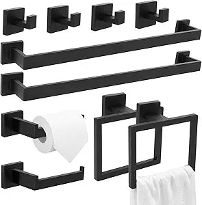 GCCSJ 10 Pcs Bathroom Hardware Accessories Set, 23.6 Inch Bath Towel Bar Kit with Towel Racks Ring and Hooks Paper Holder, 304 Stainless Steel Bathroom Hardware Set for Wall Mounted (Black)