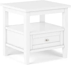 SIMPLIHOME Warm Shaker End Table - 20" Wide x 20" High Solid Wood Side Table in White, Transitional Accent Table for Living Room or Bedroom with Drawer, Open Shelf and Square Tapered Legs