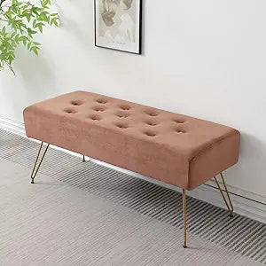 Velvet Button-Tufted Entryway Bench, 39.37" Modern Upholstered Bedroom Bench with Gold Metal Legs, Padded Rectangular End of Bed Bench for Living Room, Dining Room (Brown)
