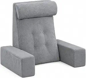 Reading Pillow for Sitting Up in Bed Backrest Pillow with Armrests, Headrest and Side Pockets Dual Layer Back Support for Bed and Sofa Ideal for Adults Watching TV, Gaming, Recovery Dark Grey