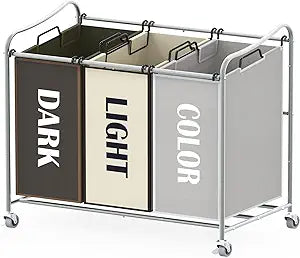 Simple Houseware Heavy Duty 3-Bag Laundry Sorter Rolling Cart, Silver/Assorted  Durable Triple Laundry Hamper with Removable Bags and Lockable Wheels for Laundry Room Organization
