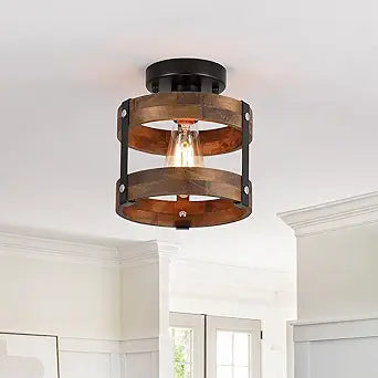 Rustic Farmhouse Wood Flush Mount Ceiling Light Fixture Oak Wood and Metal Round Cage Small Semi Flush Mount Ceiling Light for Kitchen Hallway Entry Bedroom Country Farmhouse, Black