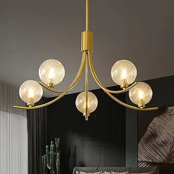 5-Head Gold Modern Chandelier with 5 Clear Glass Globe Bulbs, Globe Chandelier, Elegant Lamps with Gold Accents, Ceiling Light for Living Room Kitchen Island Bedroom Entryway
