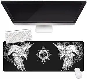 Viking Raven Rune Vegvisir Mouse Mat, 3D Print Tattoo Big Extended Desk Game Keyboard Pad with Non-Slip Base and Stitched Edge for Office & Home,Black,35.4" x 15.7"