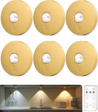 Rechargeable Puck Lights, 6-Pack LED Tap Lights with Remote, 1500mAh Battery, Dimmer & Timer, Wireless Stick-On Under Cabinet Lights for Closet, Bedroom, Kitchen, Gold 6Pcs