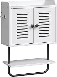 HOOBRO Medicine Cabinet, Double Doors Bathroom Wall Cabinet with Towel Bar, Adjustable Shelf, 2 Hooks, Over The Toilet Storage Cabinet, for Bedroom, Kitchen, White BW46CW01