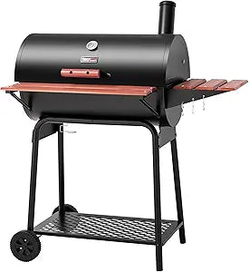 Royal Gourmet CC1830V 30 Barrel Charcoal Grill with Wood-Painted Side Front Table, 627 Square Inches Cooking Space, for Outdoor Backyard, Patio and Parties, Black