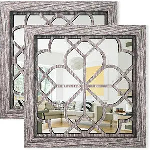 Set of 2 14 Inch Square Brown Window Pane Wall Mirrors, Shatterproof Rustic Farmhouse Boho Vintage Accent Mirrors for Living Room Bedroom Bathroom Entryway