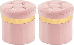 xuperbonus Small Ottoman with Storage,Folding Round Ottoman with Gold Trim,Velvet Storage Stool,Foot Stool with Soft Padded,Foot Rest for Living Room13x13x12.4(Pink,2pcs)