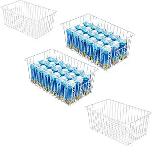 Upright Freezer Organizer Bins Freezer Baskets for 16, 17, 21 cu.ft Standup Freezer, Wire Storage Baskets with Built-in Handles, 4Pcs , White
