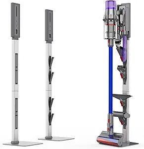Vacuum Stand for Dyson with Foldable Storage Hooks and Heavy-Duty Carbon Steel Base, No Drill Installation, Space-Saving Organizer for All Dyson Cordless Vacuums & Accessories