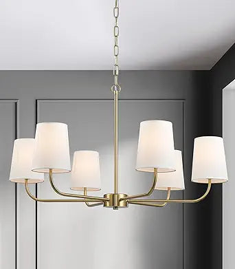 6-Light Brushed Gold Pendant Chandelier with White Linen Shades, E12 Base - Farmhouse & Industrial Style for Kitchen, Living Room, Dining Room, or Bedroom Lighting