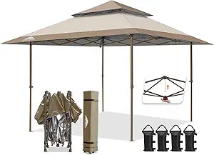 EAGLE PEAK 13x13 Straight Leg Pop Up Canopy Tent Instant Outdoor Canopy Easy Single Person Set up Folding Shelter w/Auto Extending Eaves 169 Square Feet of Shade (Beige)